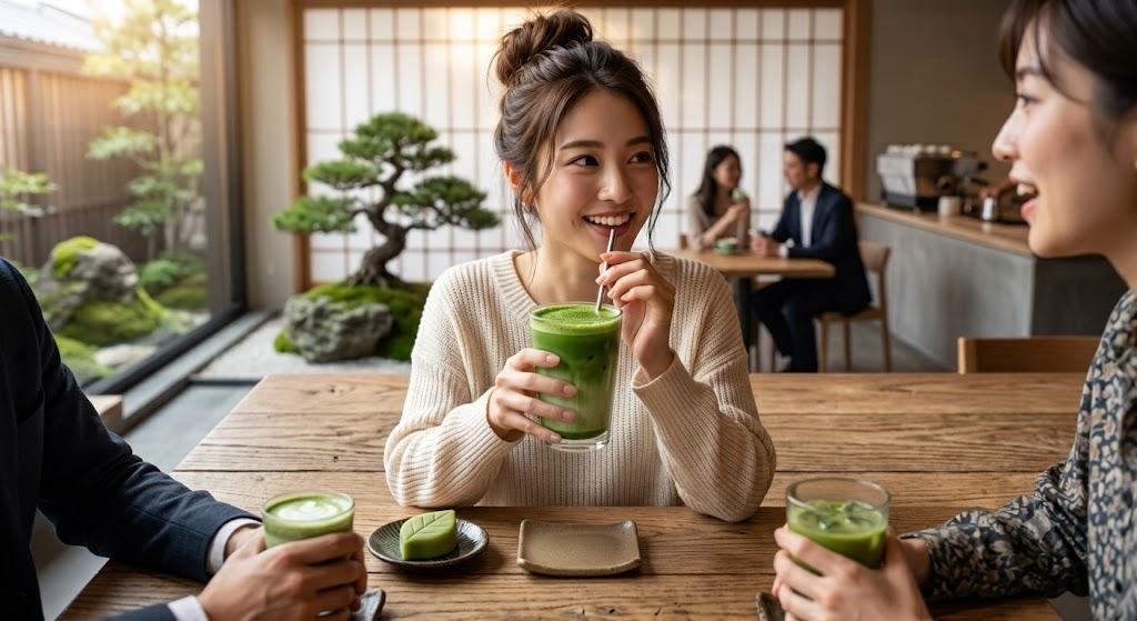 Friends sharing iced matcha lattes at a café table beside a Japanese garden window