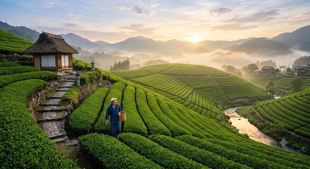 A farmer with a woven basket walking through terraced tea rows in Japan at sunrise