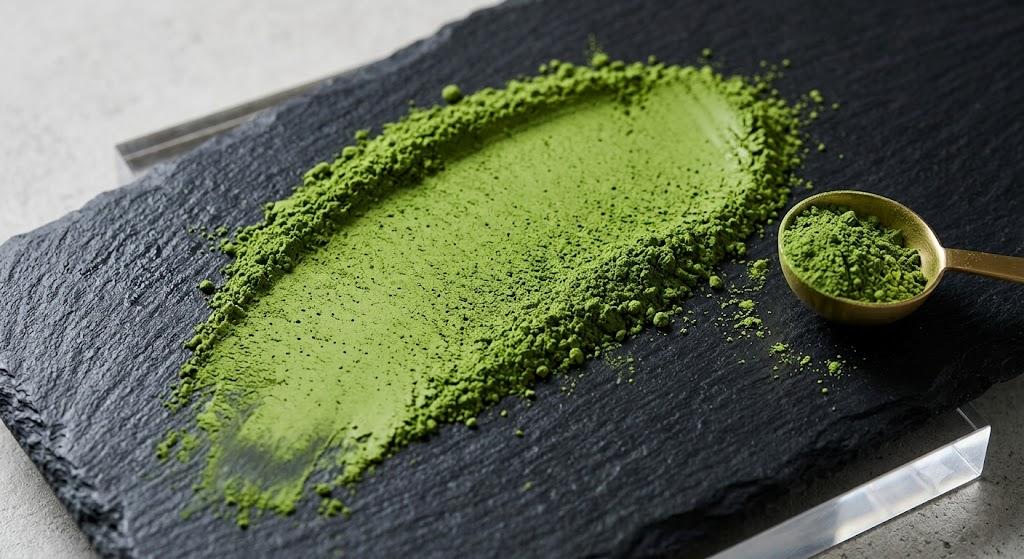 Vibrant green matcha powder scattered on dark slate beside a gold measuring spoon